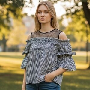 Haute Rogue Blouse‎ Womens L Blue Gingham heck Ruffle Rayon Bell Sleeve
